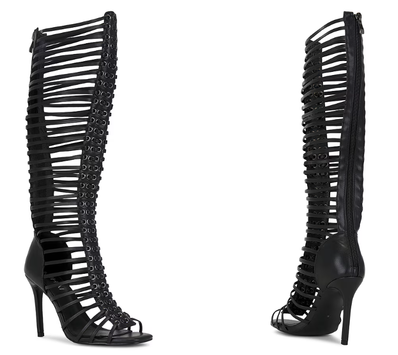 Sandal Strappy Heeled - Kadın Siyah Kafesli Strappy Stiletto Topuk