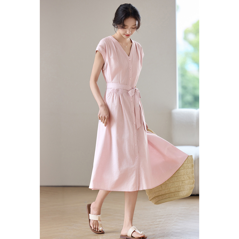Linen Dress Wrap - SENTUBILA kadın Midi Pembe Elbiseler Pamuk