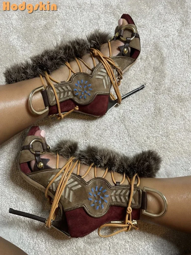 Patchwork Süet Suni Kürk Dekor - Sandal Strappy Heeled incelemesi ve fiyatı